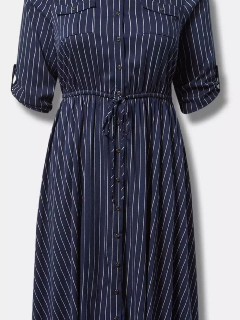 torrid Navy and White Vertical-Stripe Midi Shirt Dress